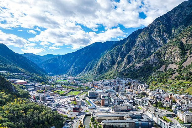 Expansive aerial view revealing the dense urban landscape nestled among the mountains of Andorra.